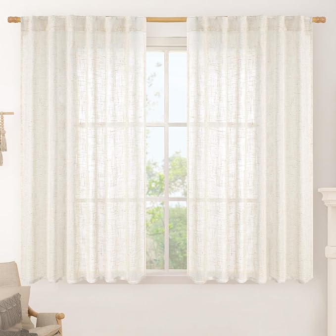 Cream Linen Semi Sheer Curtains 48 Inch by LAMIT