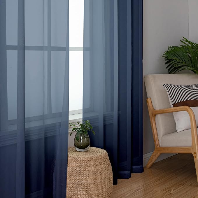 Navy Blue Sheer Curtains 90 Inches Long 2 Panels, Light Filtering Voile Airy - Image 2