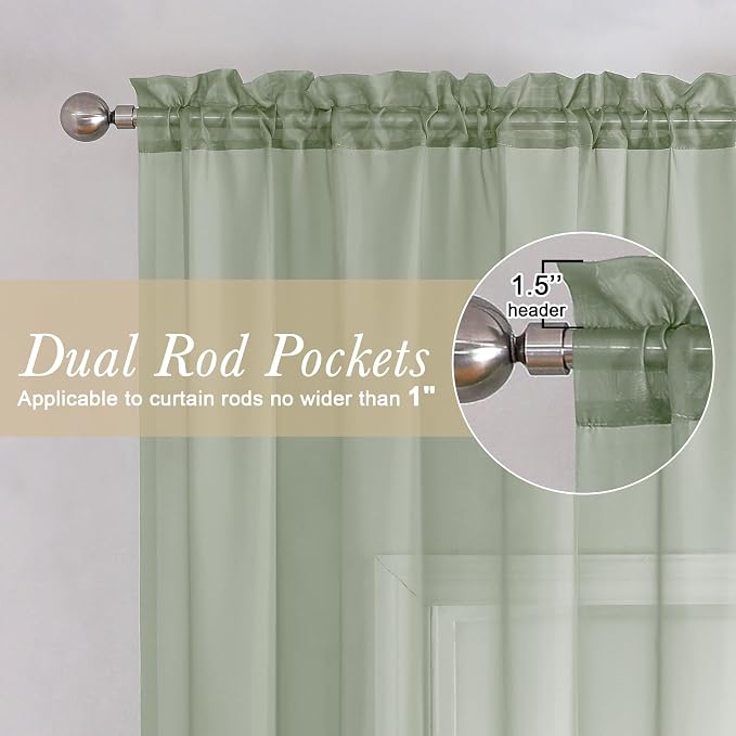 Sage Green Sheer Curtains 84 Inches Long 2 Panels Set, Solid Voile Light - Image 2