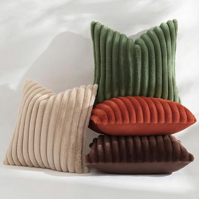 decorUhome Fall Faux Fur Throw Pillow Covers 24x24 Set of 2 Olive Green | - Image 9