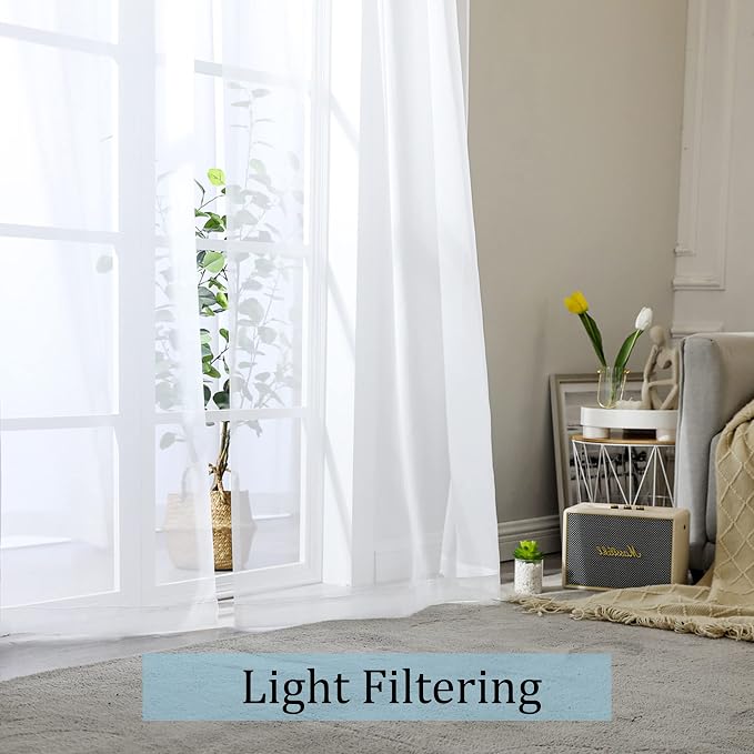 Sheer White Curtains, Sheer Curtains 90 inches Long 2 Panels Set, Rod Pocket - Image 2