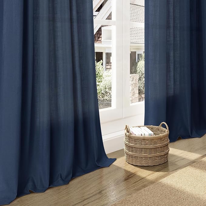 Denim Blue Linen Curtains 102 Inches Long Rod Pocket Back Tab Drapes 2 Panels - Image 6