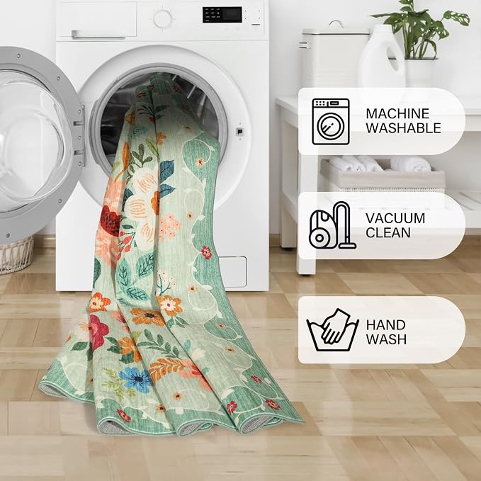 DUKINO 2x4 Entryway Rug, Floral Washable Kitchen Rugs Non Slip, Soft Indoor - Image 8