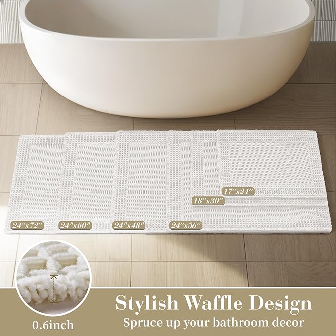 RESARE Waffle Bathroom Runner Rugs, Non Slip Boho Bath Mat 24"x60" White | Long - Image 5