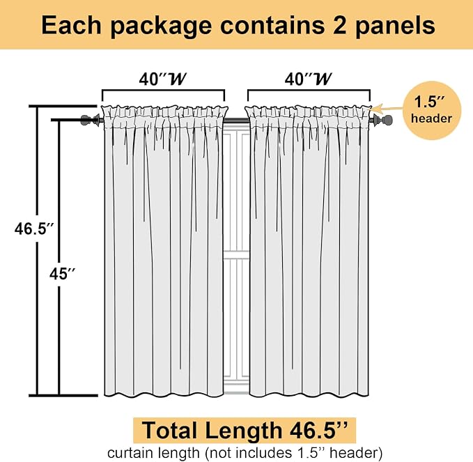 Black Sheer Curtains 45 Inch Long 2 Panels, Short Voile Drapes - Image 4