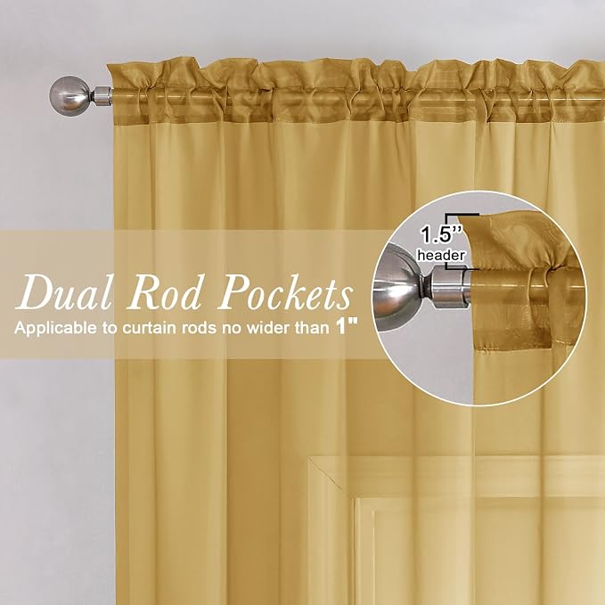 Gold Sheer Curtains 108 Inches Long 2 Panels, Dual Rod Pocket Light Filtering - Image 6