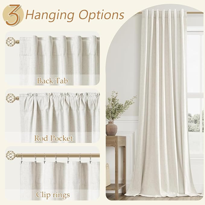 100% Blackout Linen Curtains for Bedroom 90 Inches Long Natural Cream Black Out - Image 6