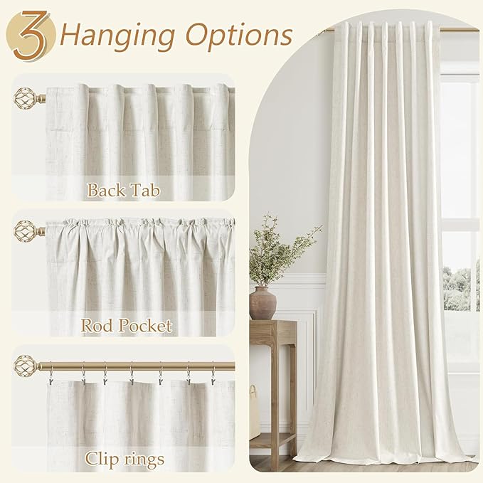 100% Blackout Linen Curtains for Bedroom 90 Inches Long Natural Cream Black Out - Image 6