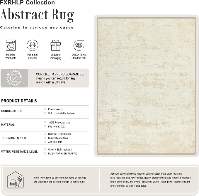 Area Rug Living Room: 8x8 Modern Washable Indoor Soft Carpet Beige | - Image 2