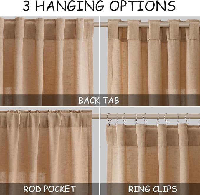 Camel Linen Curtains for Living Room 92 Inches Long Back Tab and Rod Pocket - Image 2