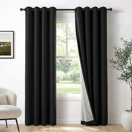 100% Blackout Linen Textured Curtains 90 Inch Long, Light Blocking, Thermal by 100BlackoutShield