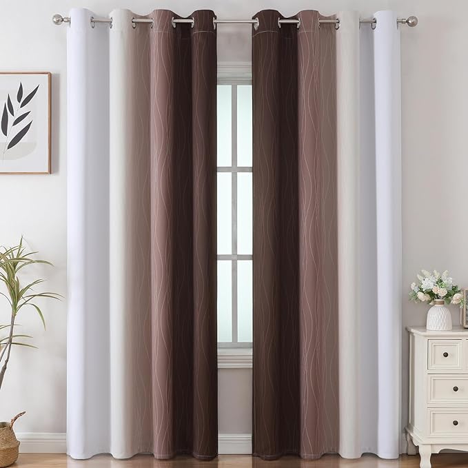 Brown and Greyish White Blackout Curtains 52x102 2 Panels | Ombre Curtains - Image 2