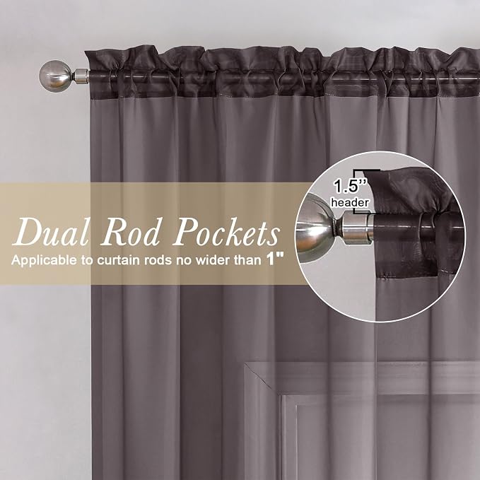 Sheer Curtains 63 Inch Length 2 Panels Set, Chocolate Window Curtains - Image 2