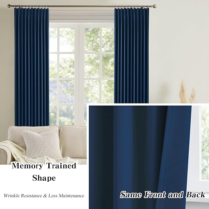 Navy Blackout Pleated Curtains 96 Inch Length Soft Polyester Blue Drapes - Image 6