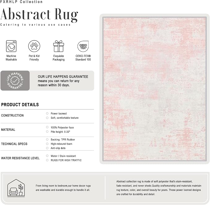 Area Rug Living Room: 4x6 Modern Washable Soft Carpet Pink White | - Image 2