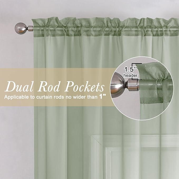 Sage Green Sheer Curtains 78 Inches Long 2 Pcs, Modern Solid Voile Light - Image 4
