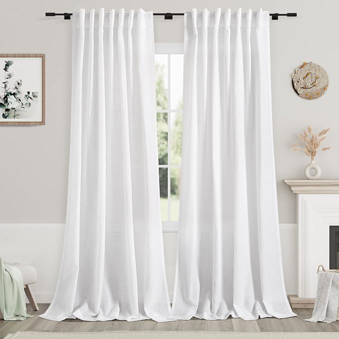 Solid White Curtains 96 Inches Long 2 Panels Back Tab Sheer Linen Curtain by Nanspring