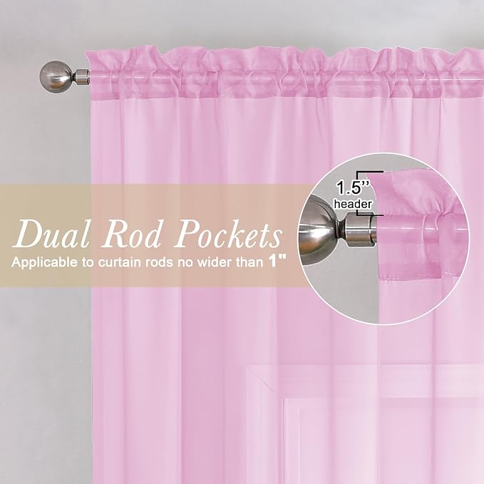 Light Pink Sheer Curtains 63 Inch Length 2 Panels Set, Elegant Voile Window - Image 2