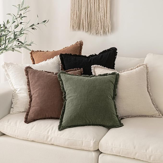 MIULEE Boho Linen Fringe Decorative Euro Throw Pillow Covers Black 24x24 | Set - Image 6