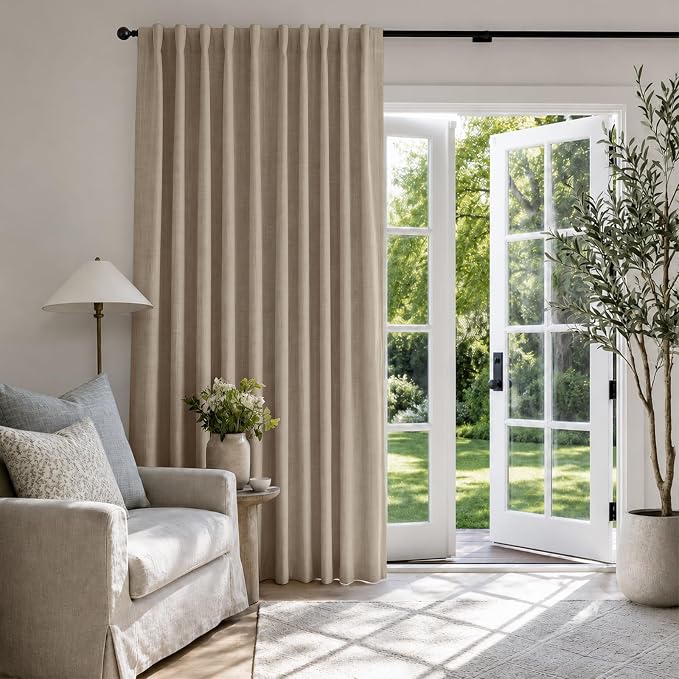 Linen Textured Blackout Sliding Door Curtains 96 Inch Long Burlywood Birch | - Image 5