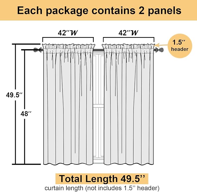 Black Sheer Curtains 48 Inch Length 2 Pcs, Light Filtering Bedroom Curtains - Image 2