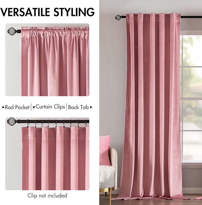 MIULEE Velvet Curtains 52x108 inches 2 Panels Blush Pink Blackout Curtains | - Image 2