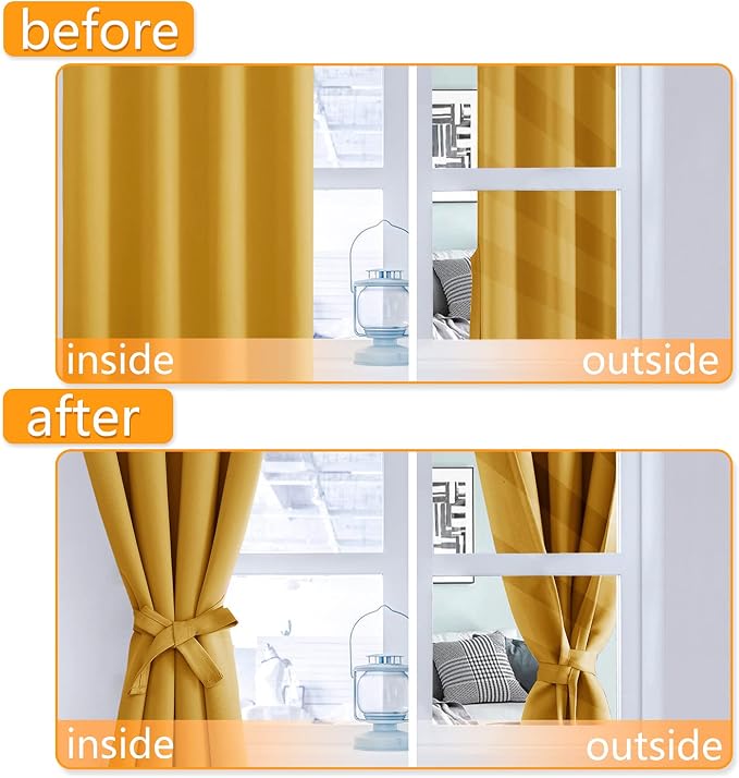 Blackout Curtains for Bedroom, Mustard Yellow 42 x 45 Inch 2 Panels | Thermal - Image 4