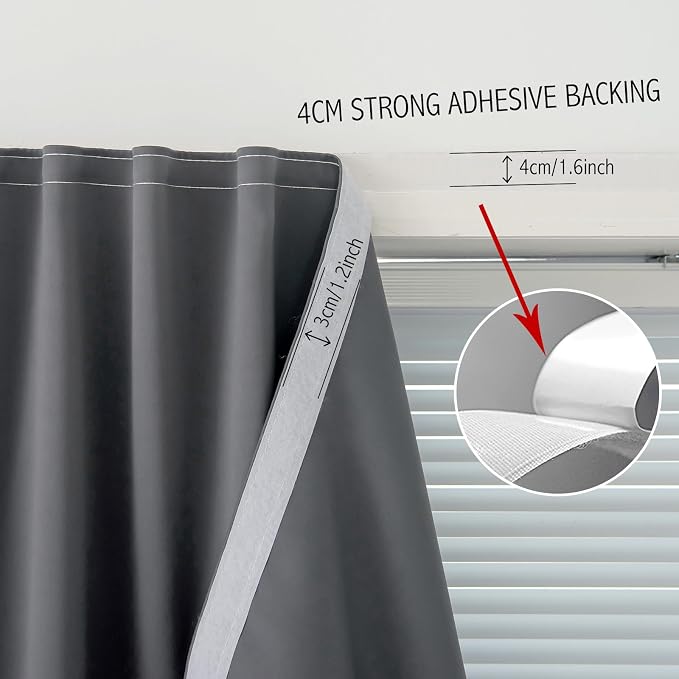 Thermal Blackout Curtains with Self Adhesive Tape No Rod No Drill Easy Install - Image 7