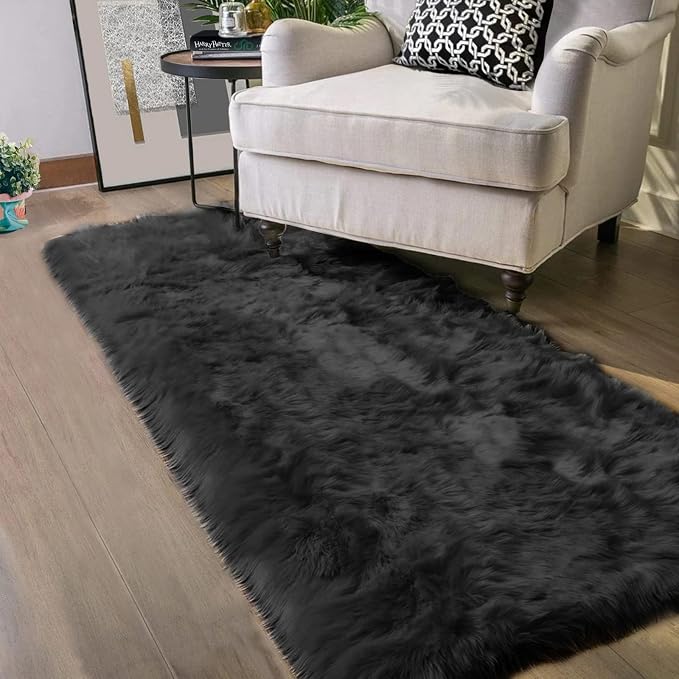 Latepis 2x10 Runner Black Faux Sheepskin Fur Rug Washable Shag Rugs Fluffy by Latepis