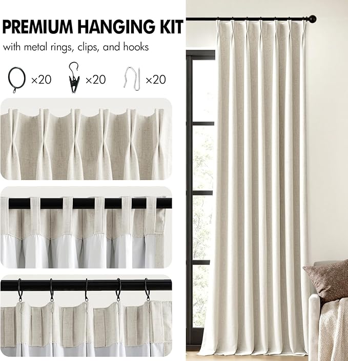 MIULEE Natural Pinch Pleated 100% Blackout Linen Curtains 40x104 Inches | Room - Image 8