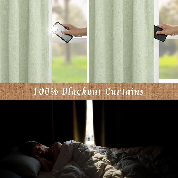 Light Green Natural 100% Blackout Linen Curtains 45 Inches 2 Panels | Linen - Image 3