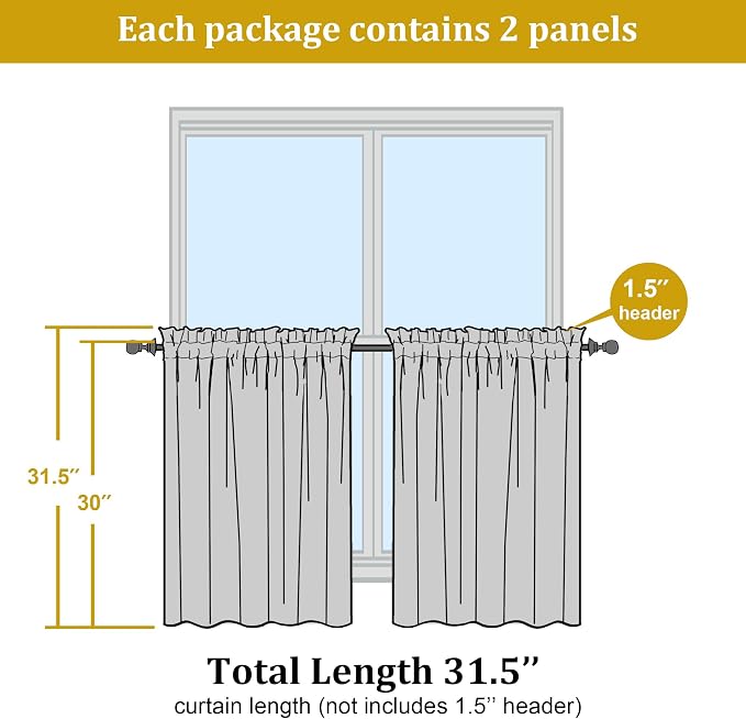 Short Sheer Curtains 30 Inches 2 Panels Set, Kitchen Curtains Tiers Light - Image 2