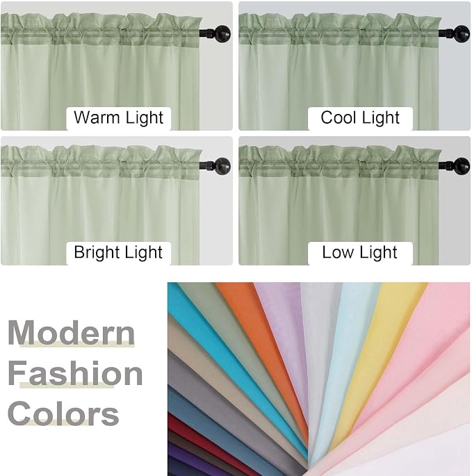 Kitchen Curtains 24 Inch Length Tier 2 Pieces, Light Green Sheer Curtain Solid - Image 5