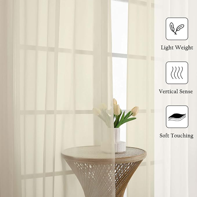 Cream Sheer Curtains 108 Inches Long 2 Pcs, Dual Rod Pocket Home Decor Living - Image 2