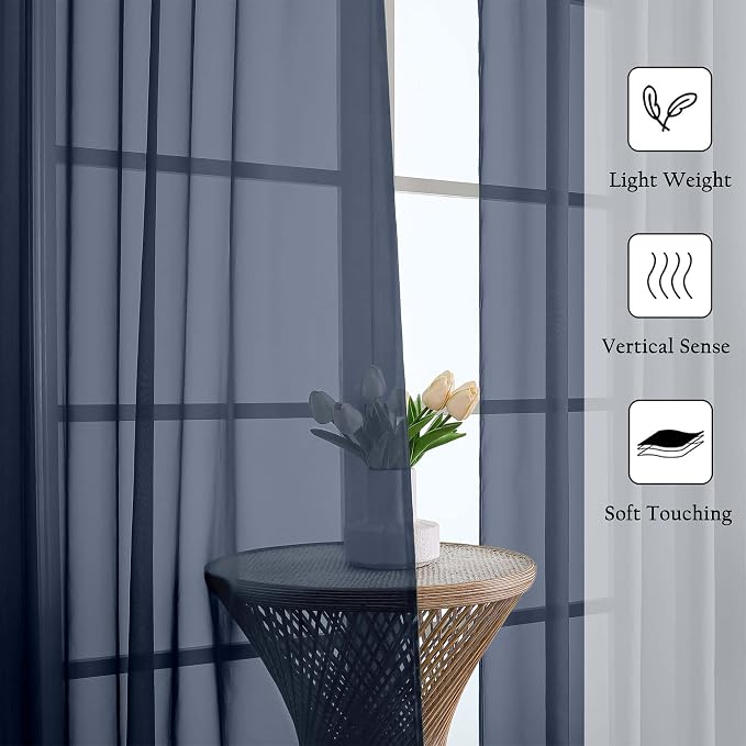 Navy Blue Sheer Curtains 120 Inches Long 2 Pcs, Solid Voile Light Filtering Rod - Image 2