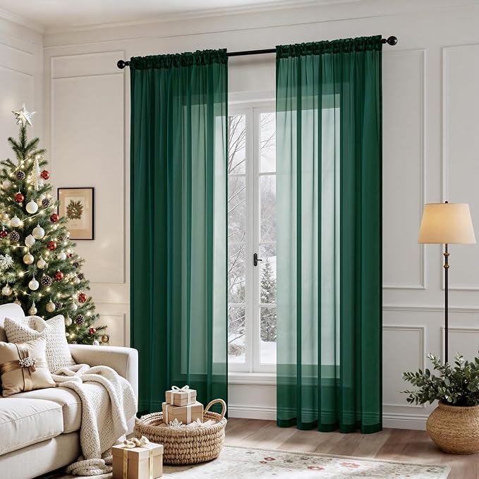 MIULEE Hunter Green Sheer Curtains 54 X 54 Inches, 2 Panels | Solid Color - Image 2