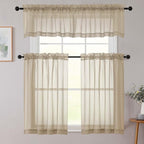 Kitchen Curtains 24 Inch Length Tier 2 Pieces, Taupe Sheer Curtain Solid Soft - Image 8