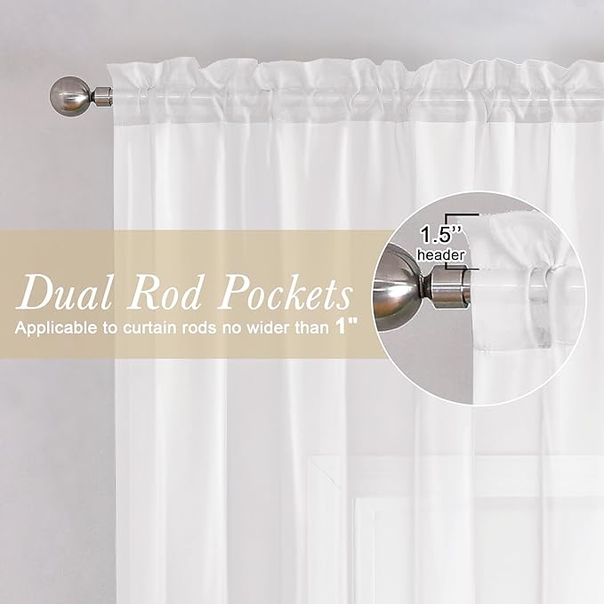 White Sheer Curtains 72 Inches Long 2 Panels, Light Filtering Voile Drapes - Image 2