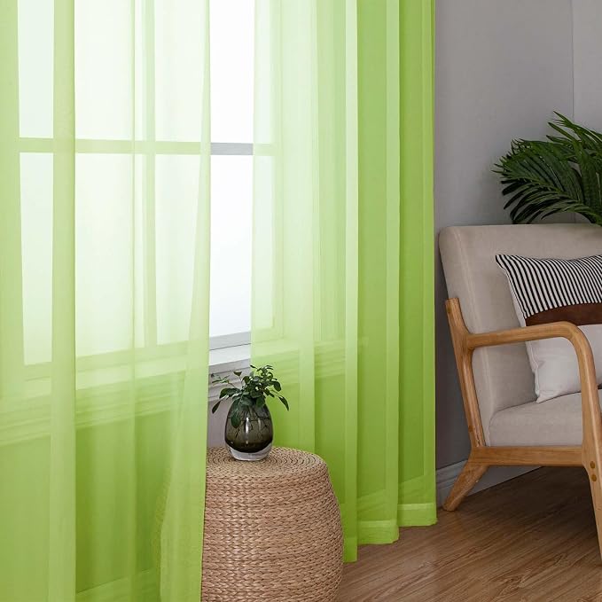 Lime Sheer Curtains for Living Room 90 Inches Long 2 Panels, Solid Color Voile - Image 2