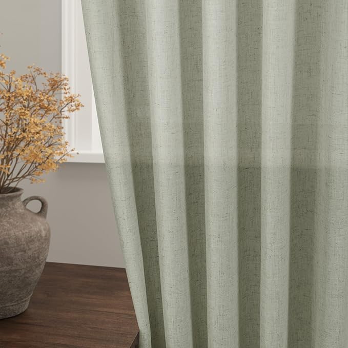 Sage Green Linen Textured 96 Inch Curtains 2 Panel Set Back Tab Rod Pocket - Image 2