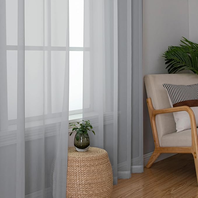 Light Grey Sheer Curtains 96 Inches Long 2 Panels, Light Filtering Voile Airy - Image 2