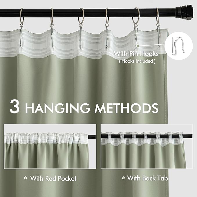 MIULEE Sage Green Back Tab Blackout Curtains 52x96 Inch Long 2 Panels Set | Rod - Image 3