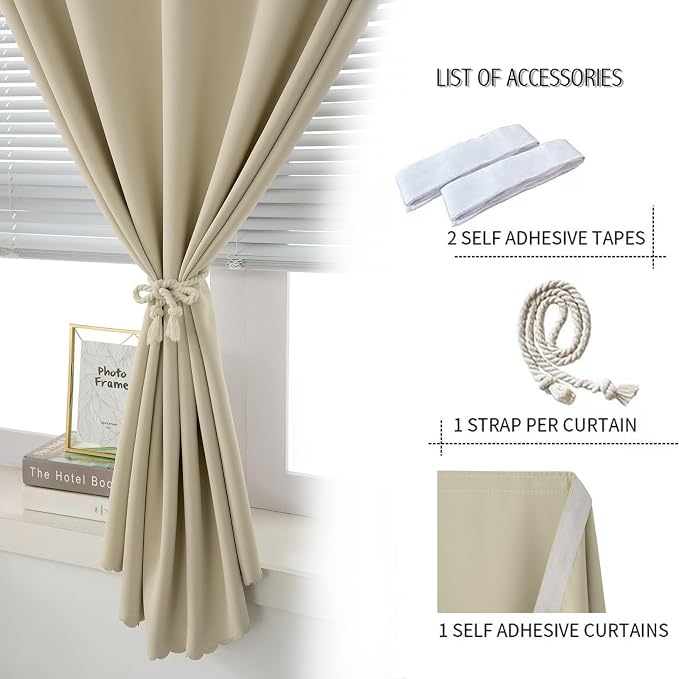 Thermal Blackout Curtains with Self Adhesive Tape No Rod No Drill Easy Install - Image 2
