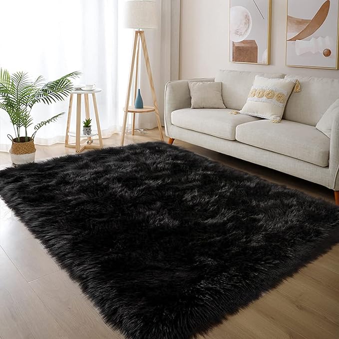 Latepis Black Faux Fur 4'x5'10" Area Rug, Soft Plush Faux Fur Sheepskin Rugs by Latepis