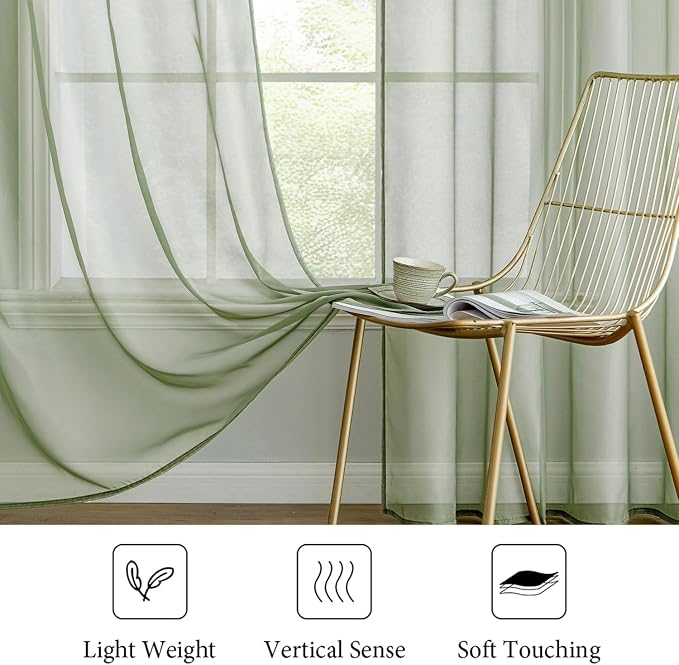 MIULEE Sage Green Sheer Curtains 54 X 63 Inches, 2 Panels | Elegant Window - Image 4