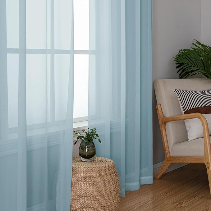 Chyhomenyc Sheer Curtains 63 Inch Length 2 Panels, Sky Blue | Light Filtering - Image 4