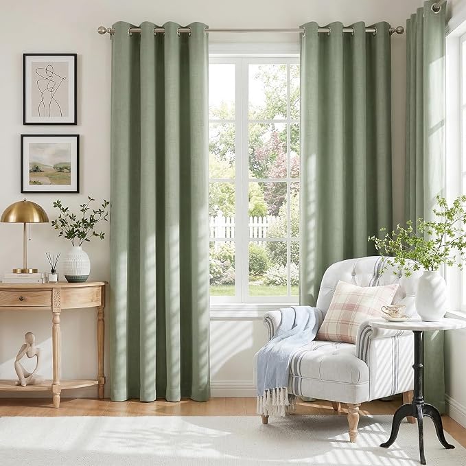 100% Blackout Linen Textured Curtains 72 Inch Long, Sage Green | 100% Blackout - Image 2