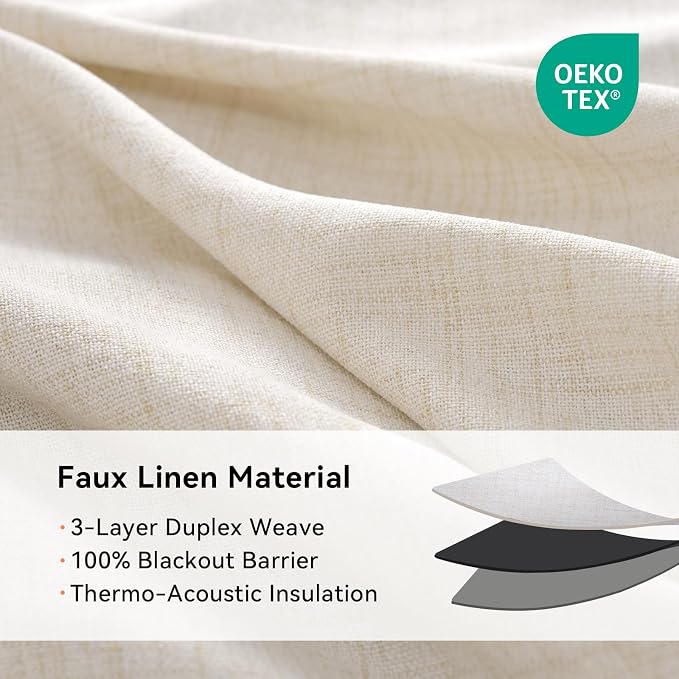 100% Blackout Linen Textured Curtains 90 Inch Long, Butter Cream | 100% - Image 4