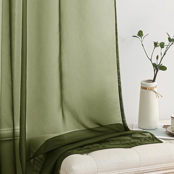 MIULEE Olive Green Sheer Curtains 54 X 45 Inches, 2 Panels | Solid Color - Image 4