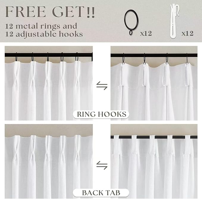 Snow White Pinch Pleated Linen 120 Inch Curtains 60 Inch Width | Linen Blend - Image 4